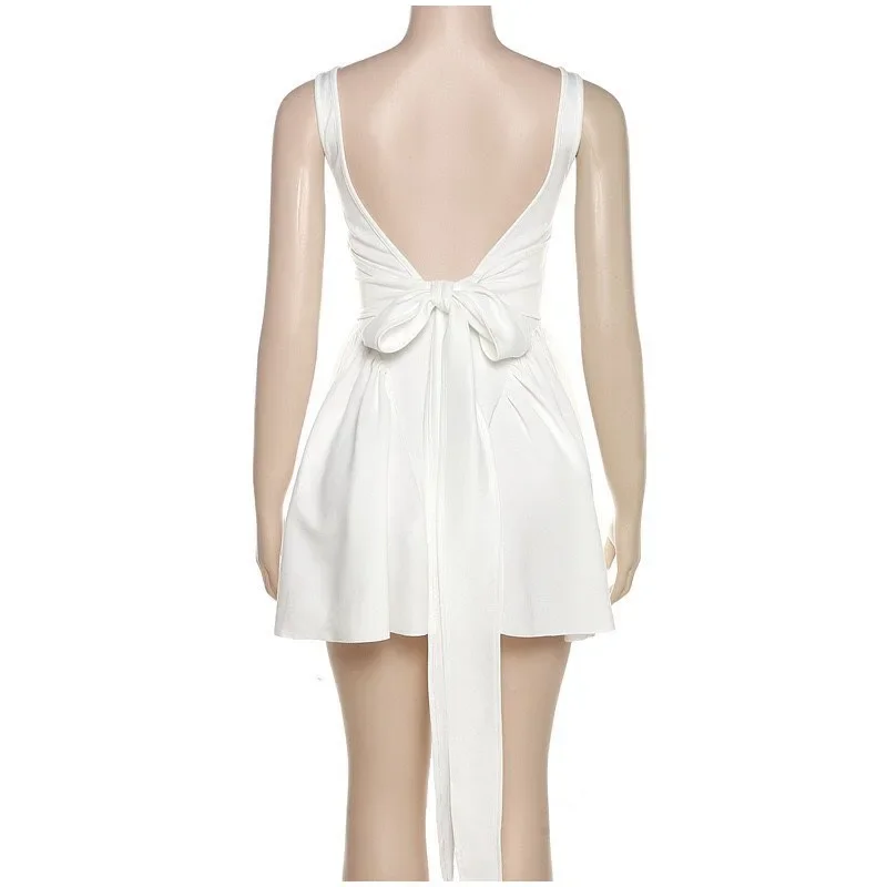 White Pleated Bow Sling Mini Dress Women Backless Sleeveless Party Dress OUT1088