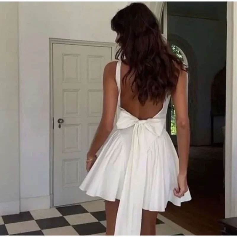 White Pleated Bow Sling Mini Dress Women Backless Sleeveless Party Dress OUT1088