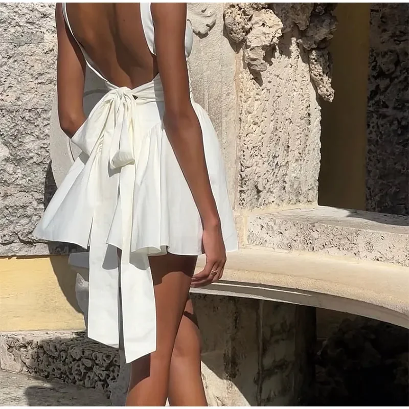 White Pleated Bow Sling Mini Dress Women Backless Sleeveless Party Dress OUT1088