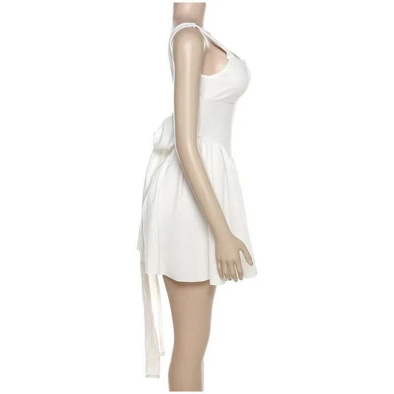 White Pleated Bow Sling Mini Dress Women Backless Sleeveless Party Dress OUT1088