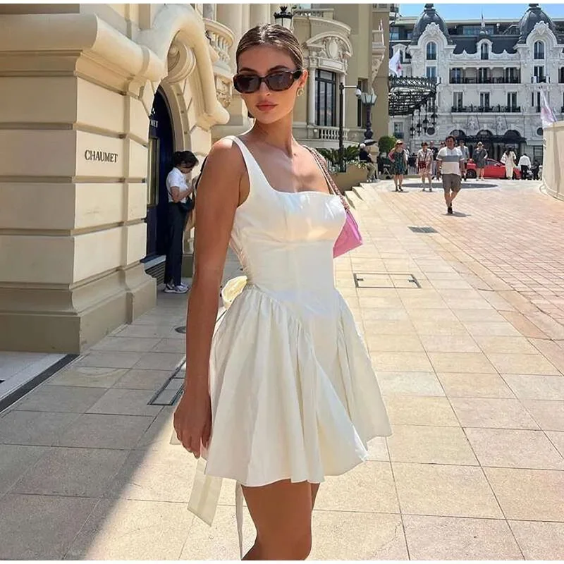 White Pleated Bow Sling Mini Dress Women Backless Sleeveless Party Dress OUT1088