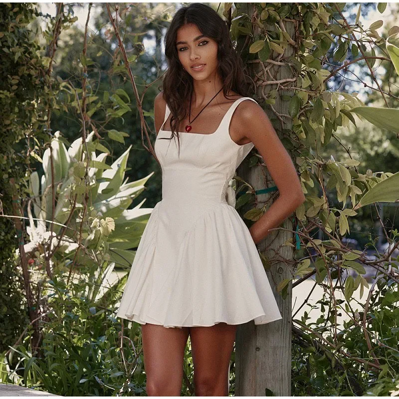 White Pleated Bow Sling Mini Dress Women Backless Sleeveless Party Dress OUT1088