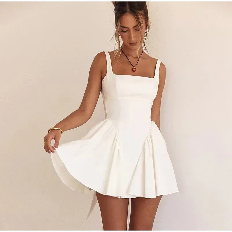 White Pleated Bow Sling Mini Dress Women Backless Sleeveless Party Dress OUT1088