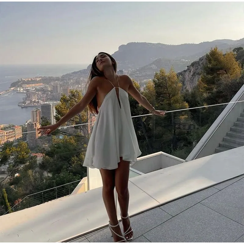 Sexy Mini Dress Women Backless Lace Up Sling Loose Summer Beach Party Dress OUT1089