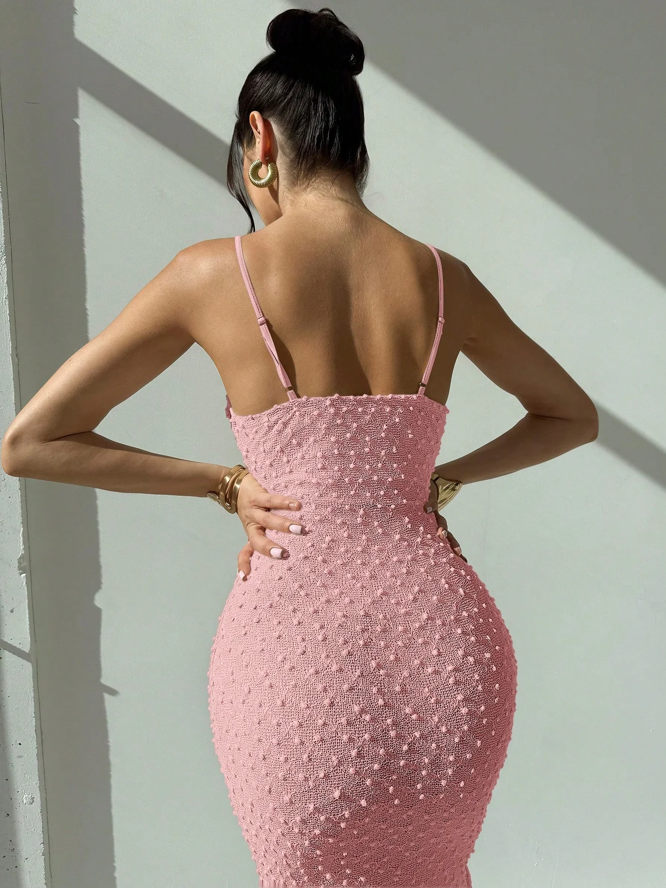 Women Elegant Textured Long Dress Slim Fit Spaghetti Strap Evening Party Dress OUT1090