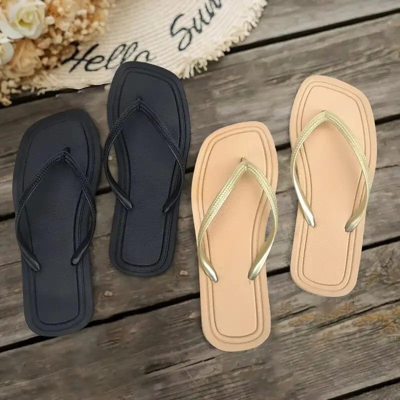 Women Minimalist Summer Beach Sandals Square Toe Flip Flops OUT1086