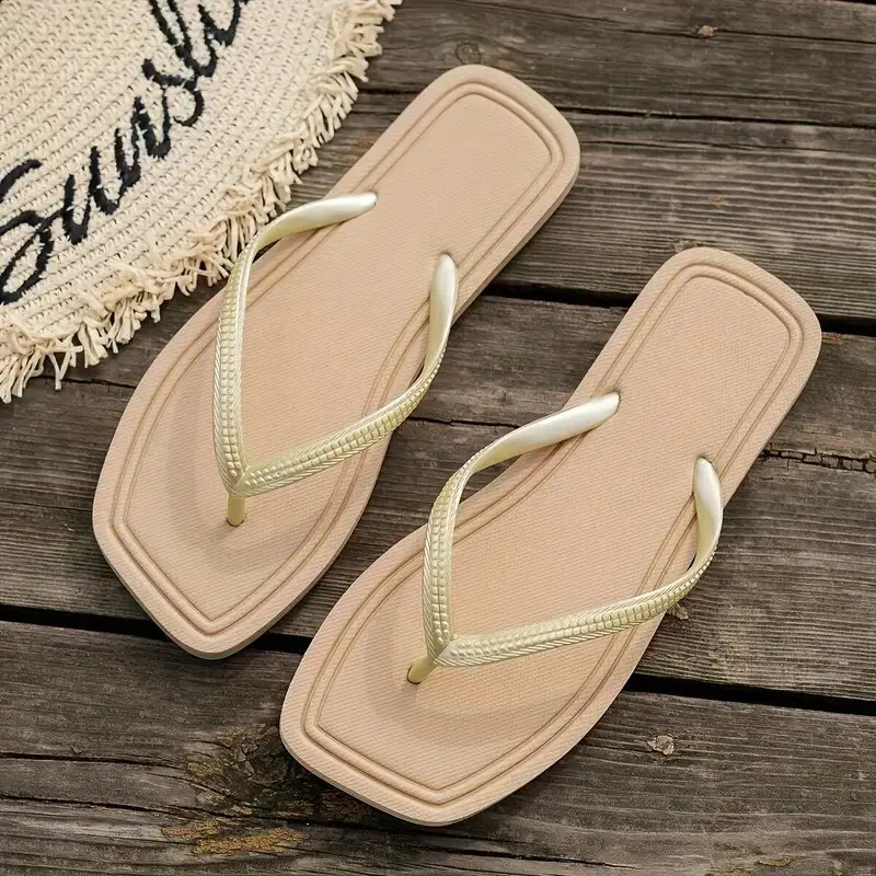 Women Minimalist Summer Beach Sandals Square Toe Flip Flops OUT1086