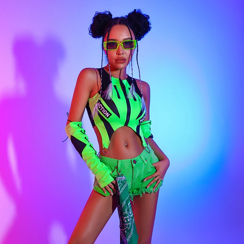 FREE SHIPPING Fluorescent Green Y2K Cut Out Tank Top Plus Arm Sleeves Set Futuristic Rave Festival Outfit OUT1162 FREE SHIPPING Fluorescent Green Y2K Cut Out Tank Top Plus Arm Sleeves Set Futuristic Rave Festival Outfit OUT1162