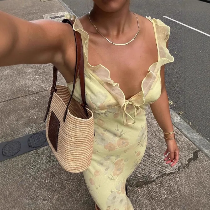 Summer Flower Printed Women’s Sexy Low-cut Dress Sleeveless Backless Slim Sling Dresses 2025 Beach Vacation Lady Vestidos Summer Flower Printed Women's Sexy Low-cut Dress Sleeveless Backless Slim Sling Dresses 2025 Beach Vacation Lady Vestidos