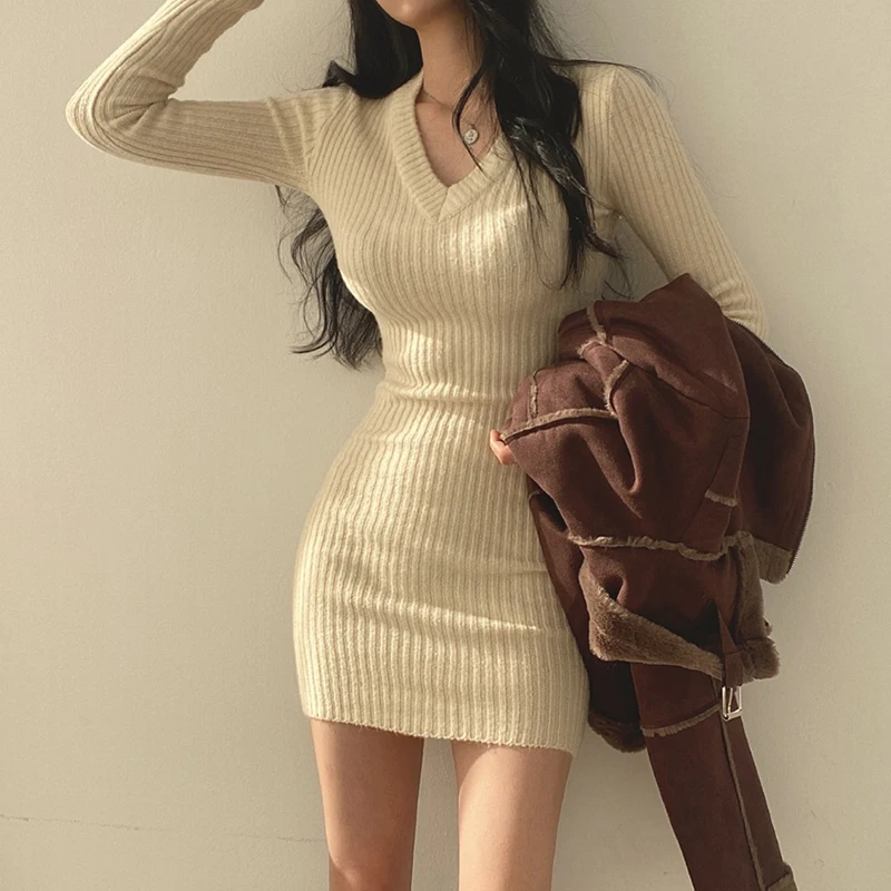 V-neck Knitted Slim Fit Stretchy Basic Long Sleeve Fall Casual Women Mini Dress V-neck Knitted Slim Fit Stretchy Basic Long Sleeve Fall Casual Women Mini Dress