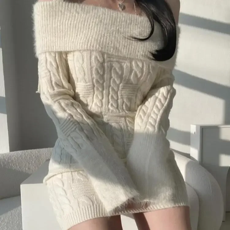 Korean Style Autumn Winter Sexy One Shoulder Long Sleeve Slimming Knitted Dress Women’s Mini Skirt Style Fashionable Dress Korean Style Autumn Winter Sexy One Shoulder Long Sleeve Slimming Knitted Dress Women's Mini Skirt Style Fashionable Dress