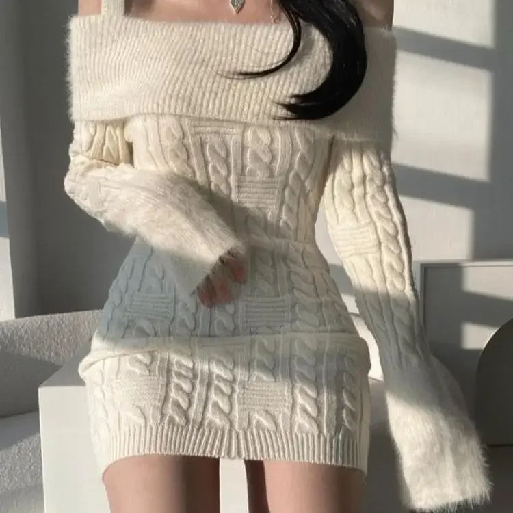 Korean Style Autumn Winter Sexy One Shoulder Long Sleeve Slimming Knitted Dress Women’s Mini Skirt Style Fashionable Dress Korean Style Autumn Winter Sexy One Shoulder Long Sleeve Slimming Knitted Dress Women's Mini Skirt Style Fashionable Dress